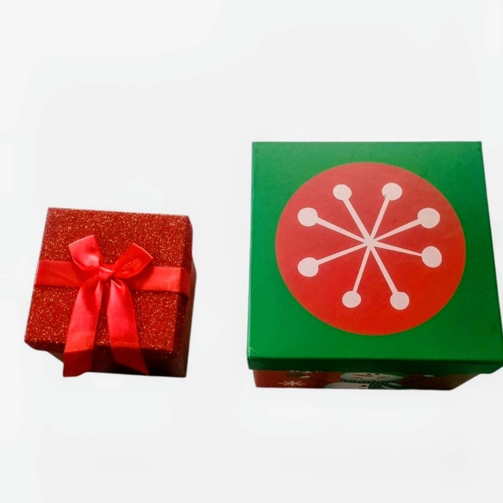 Red and Green Holiday Gift Boxes, Snowman Theme And Red Glitter Boxes
